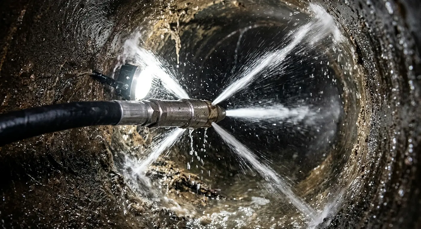 High-pressure hydro jetting nozzle cleaning sewer pipe for Trenchless Sewer Repair in Grand Island