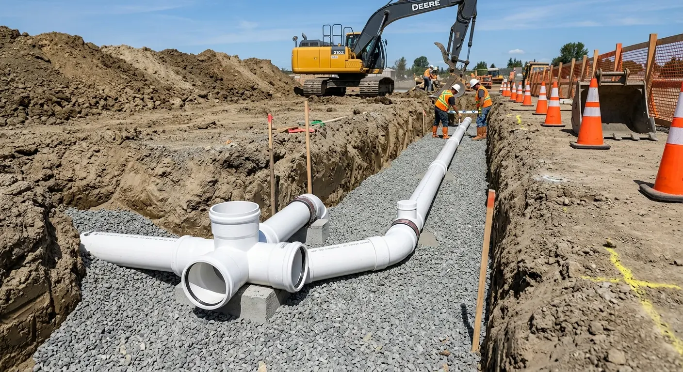 New PVC sewer pipe installation in open trench for Sewer Backup in Grand Island