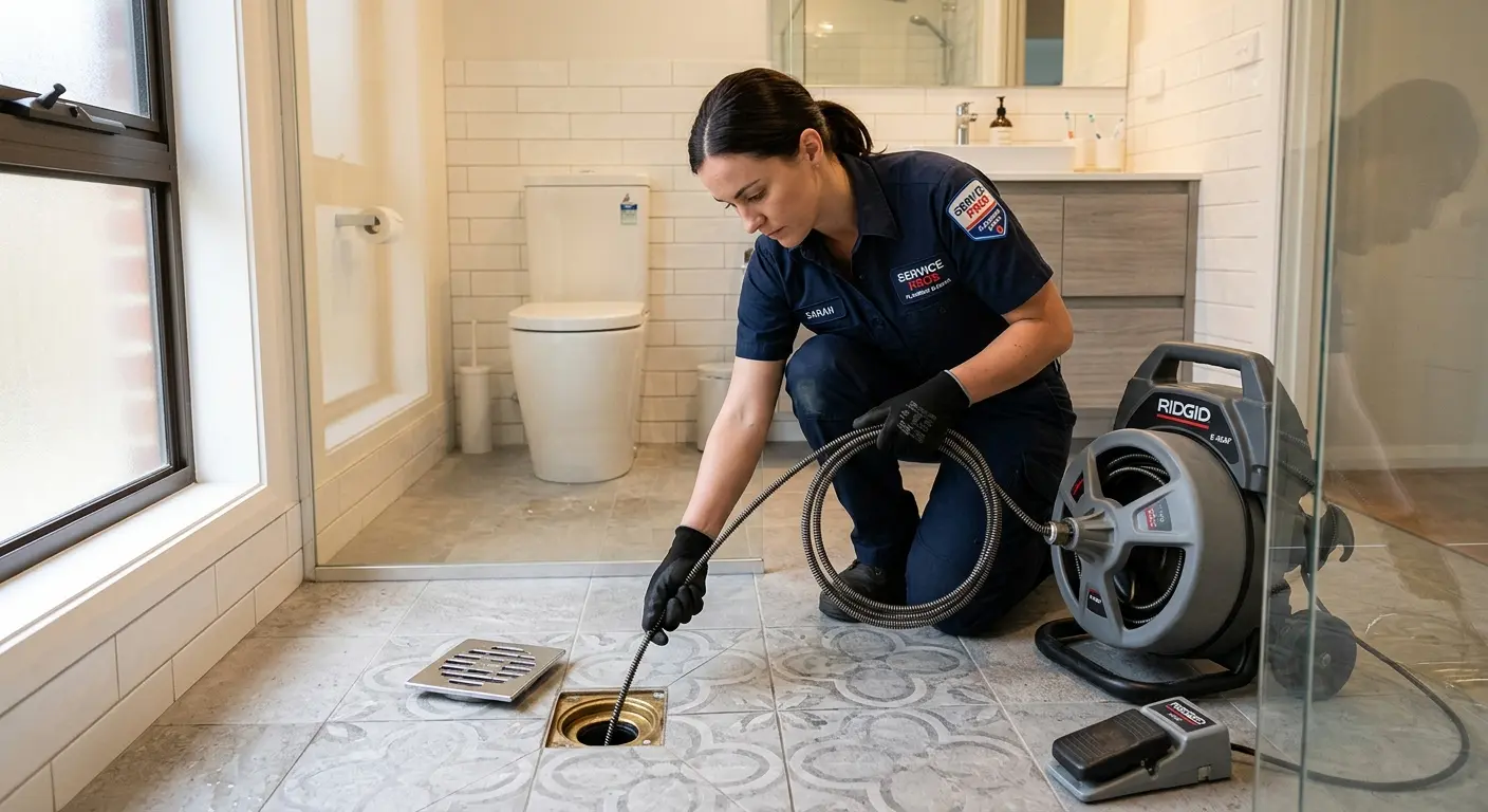 Technician clearing a bathroom floor drain for Sewer Line Replacement in Grand Island